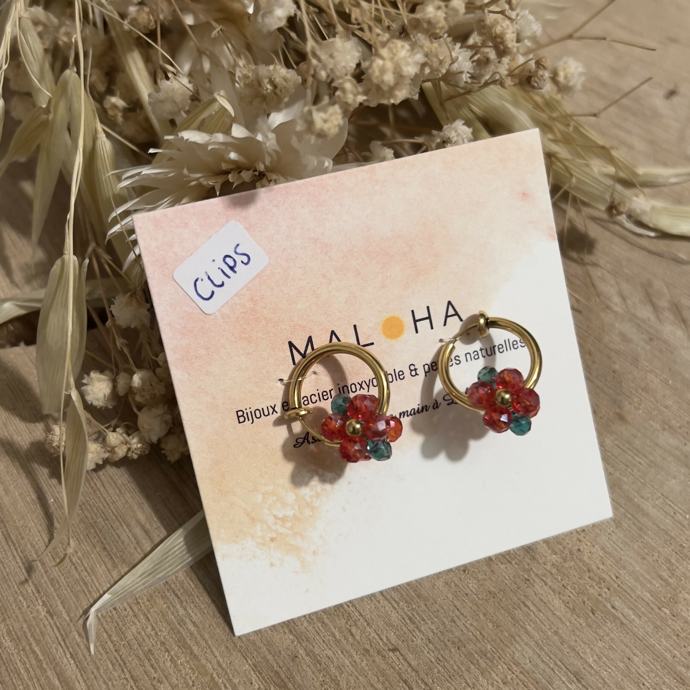 Créoles CLIPS & ses fleurs en verre