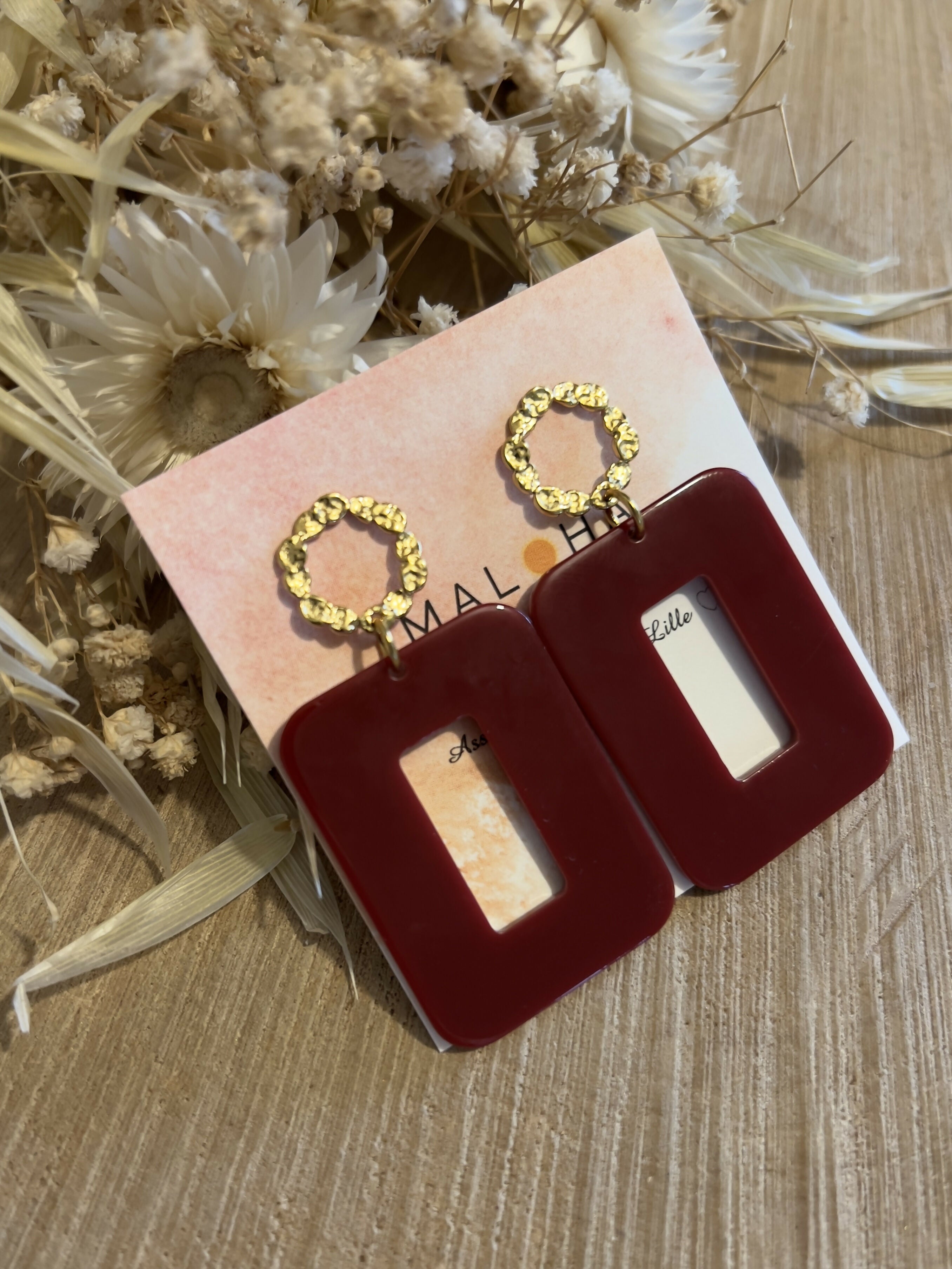 HAMMERED CIRCLE + BURGUNDY RECTANGLE EARRINGS
