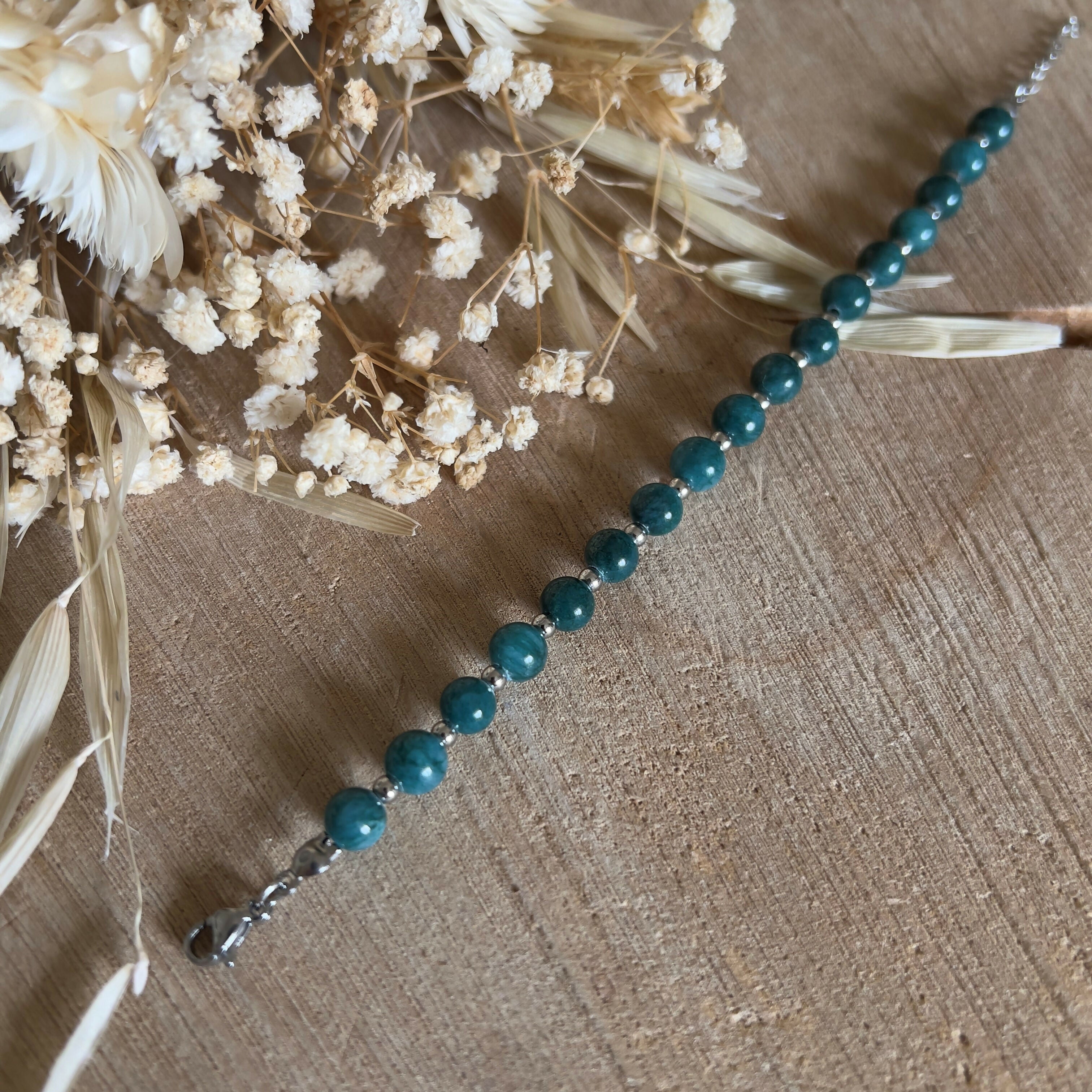 Bracelet with blue-green dyed jade & small silver-plated beads