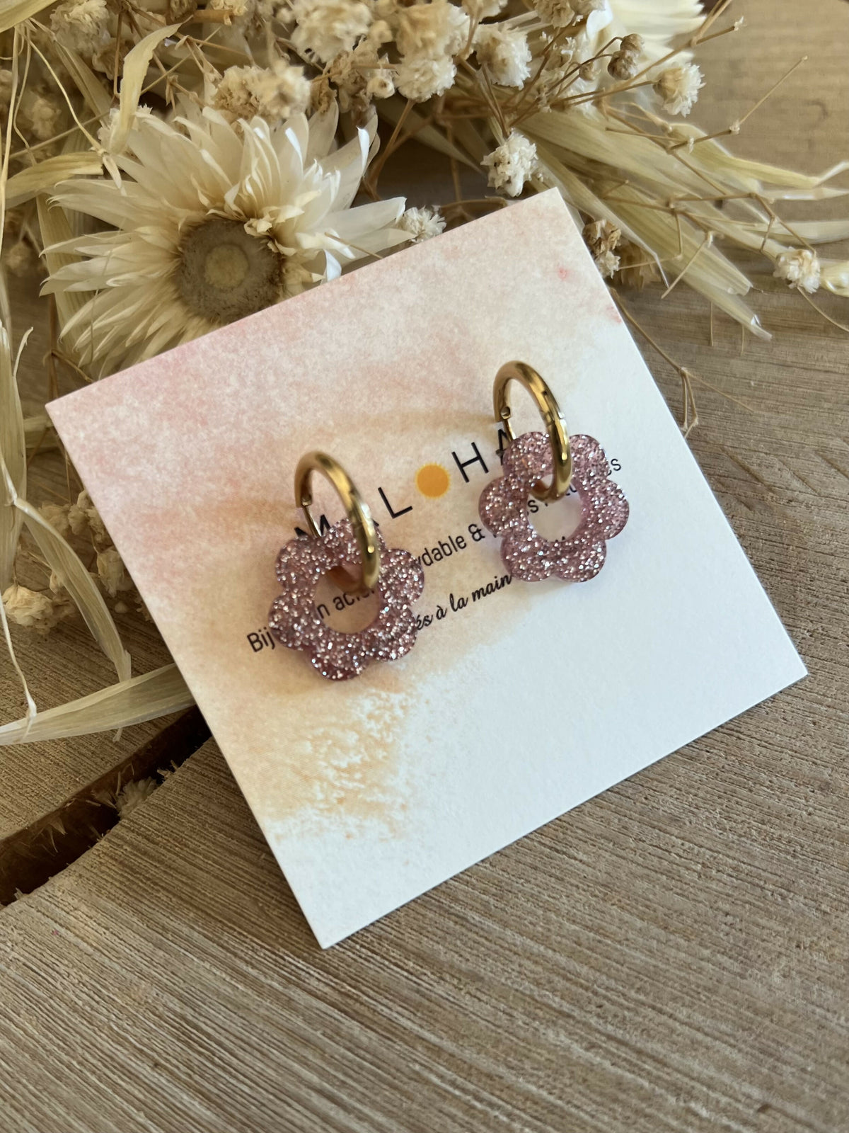 Creole Earrings & bronze glitter flowers