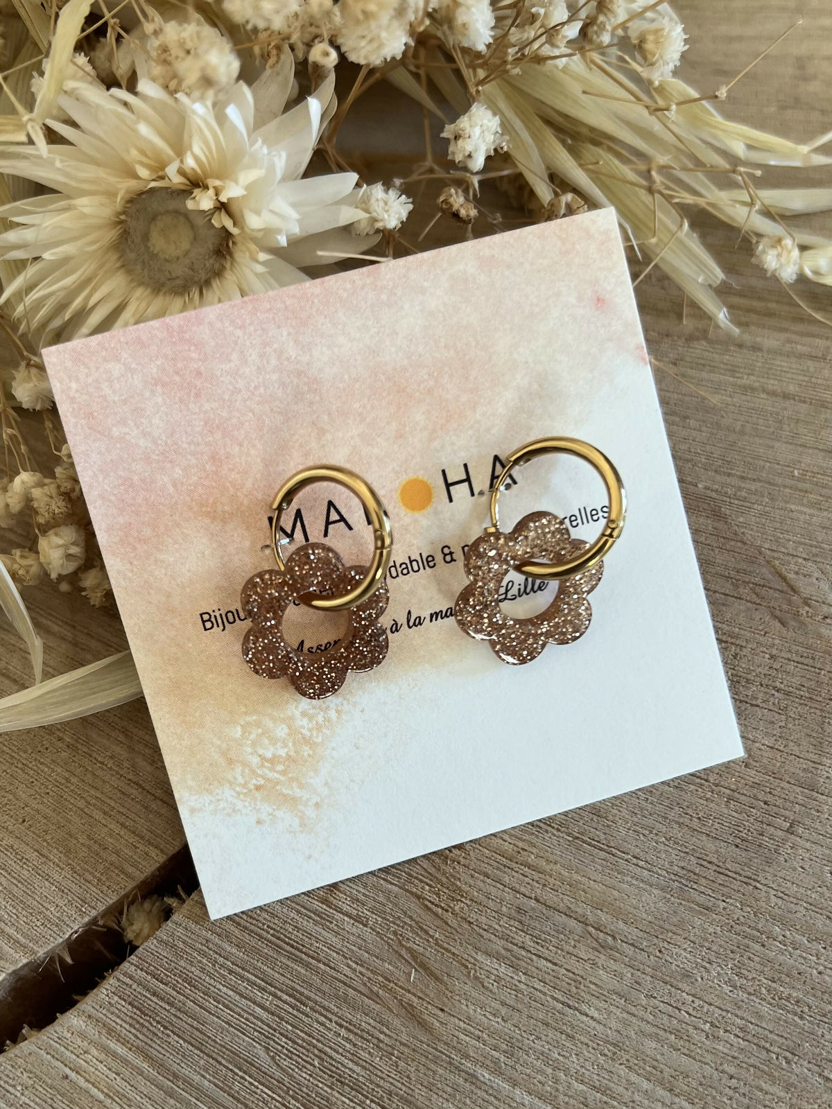 Créoles CLIPS & ses fleurs rose paillettes