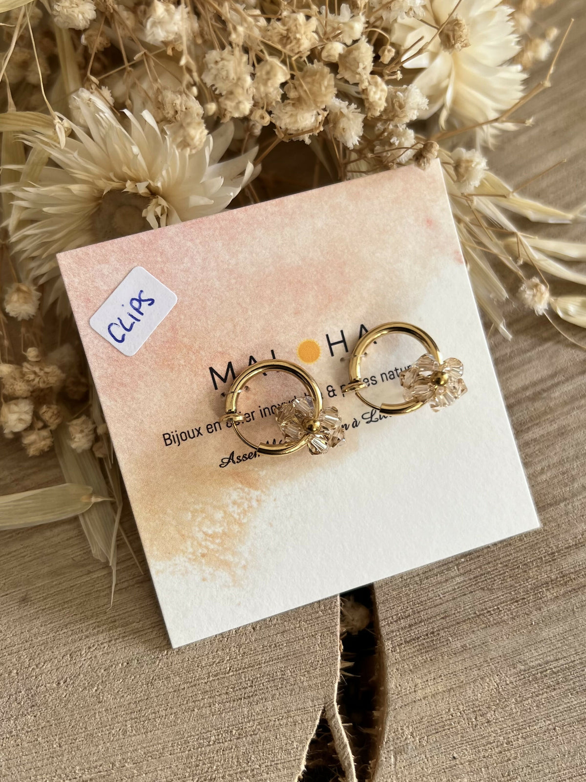 Light beige glass flower CLIP earrings