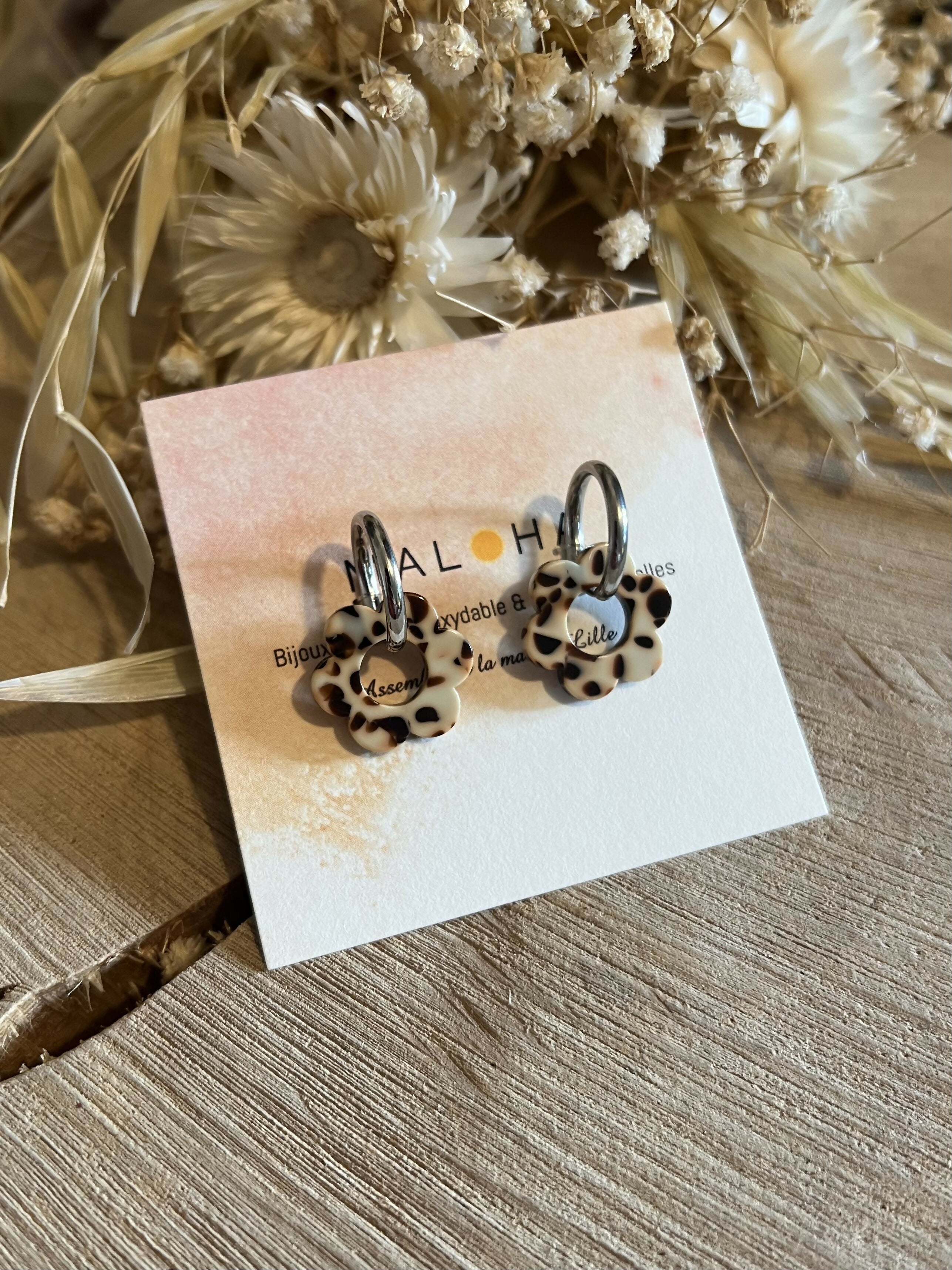 Créoles CLIPS argent & ses fleurs beige - marron